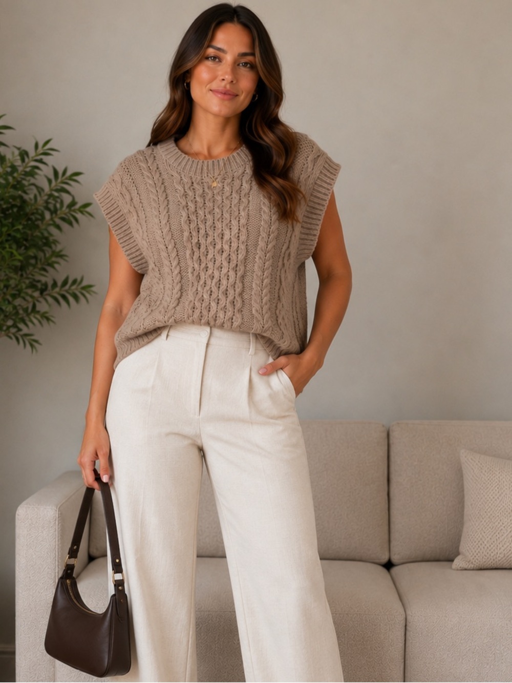 Cable Knit Sleeveless Sweater Vest in Taupe